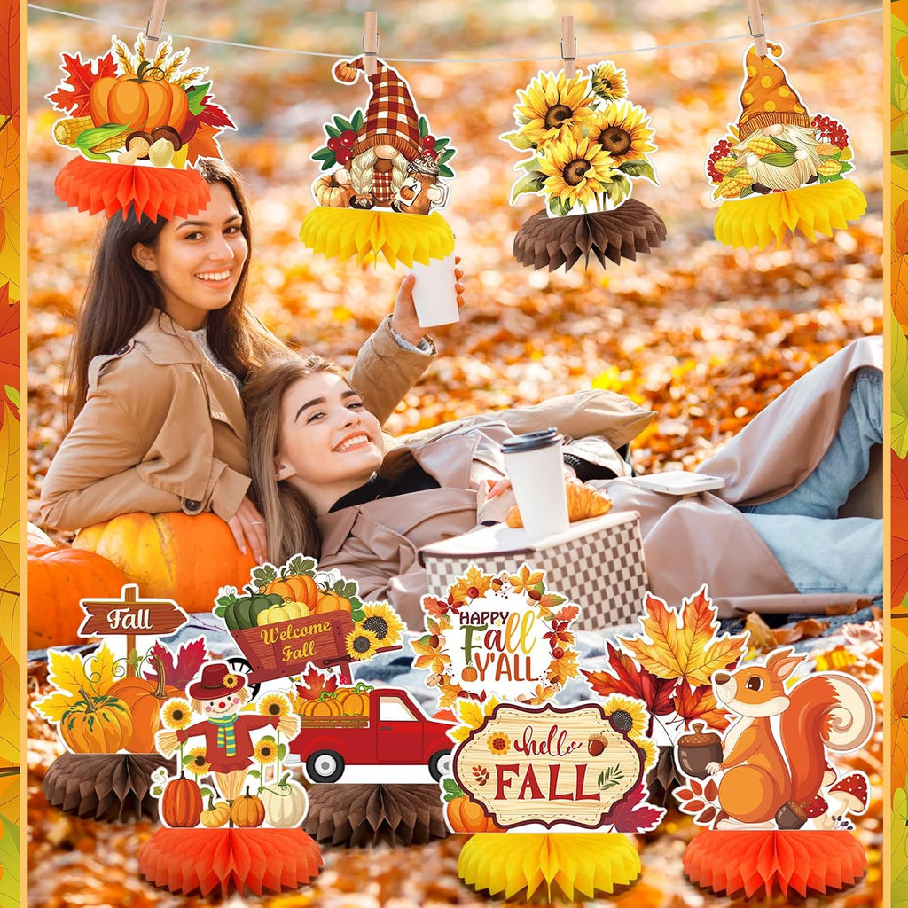 12 Pcs Fall Party Decoration Fall Honeycomb Centerpiece Pumpkin Maple Gnome Truck Sunflower Autumn Table Topper