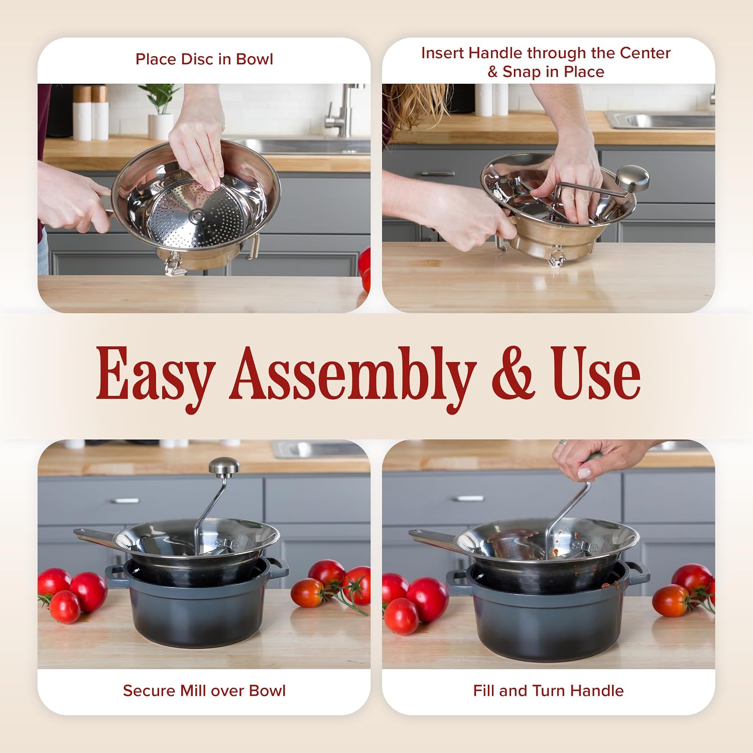 Stainless Steel Food Mill with 3 Milling Discs (Fine/Medium/Coarse) - Dishwasher Safe Rotary Food Mill for Tomato