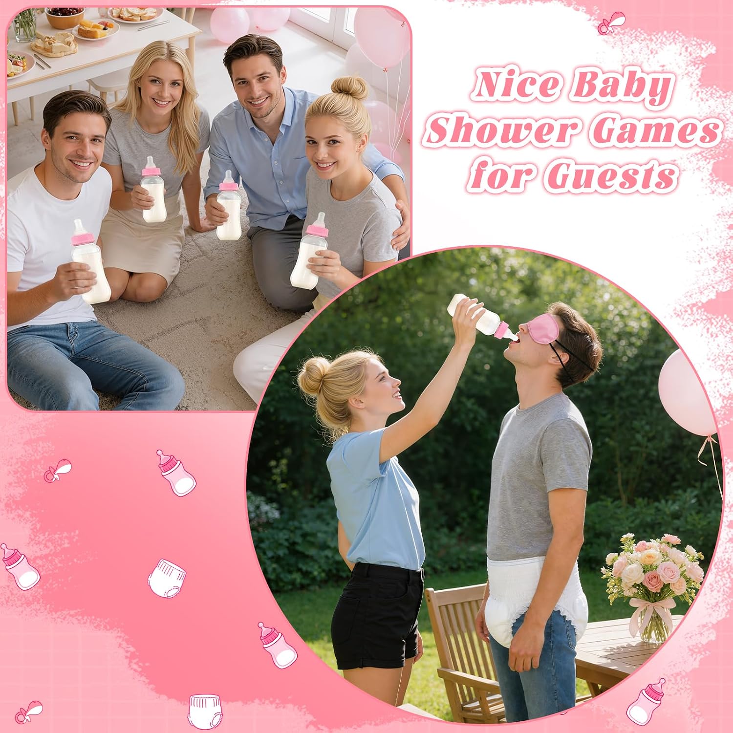 6 Sets Baby Bottles for Baby Shower Game, Bottle Chug Baby Shower Games Plastic Baby Bottle for Feeding Blindfold