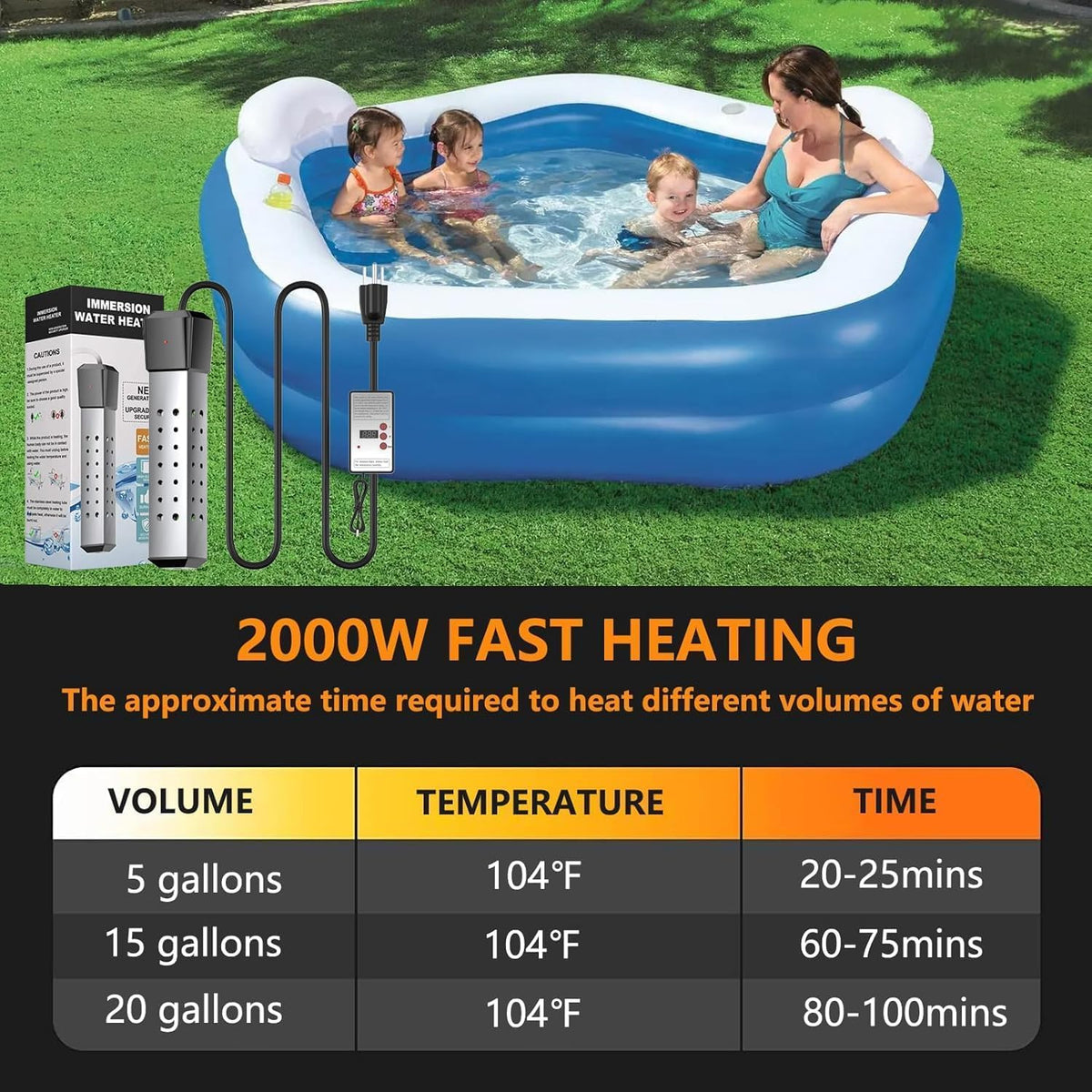 2000W Pool Heater for Inflatable Above Ground Swimming Pool, Immersion Water Heater for Bathtub with Thermostat