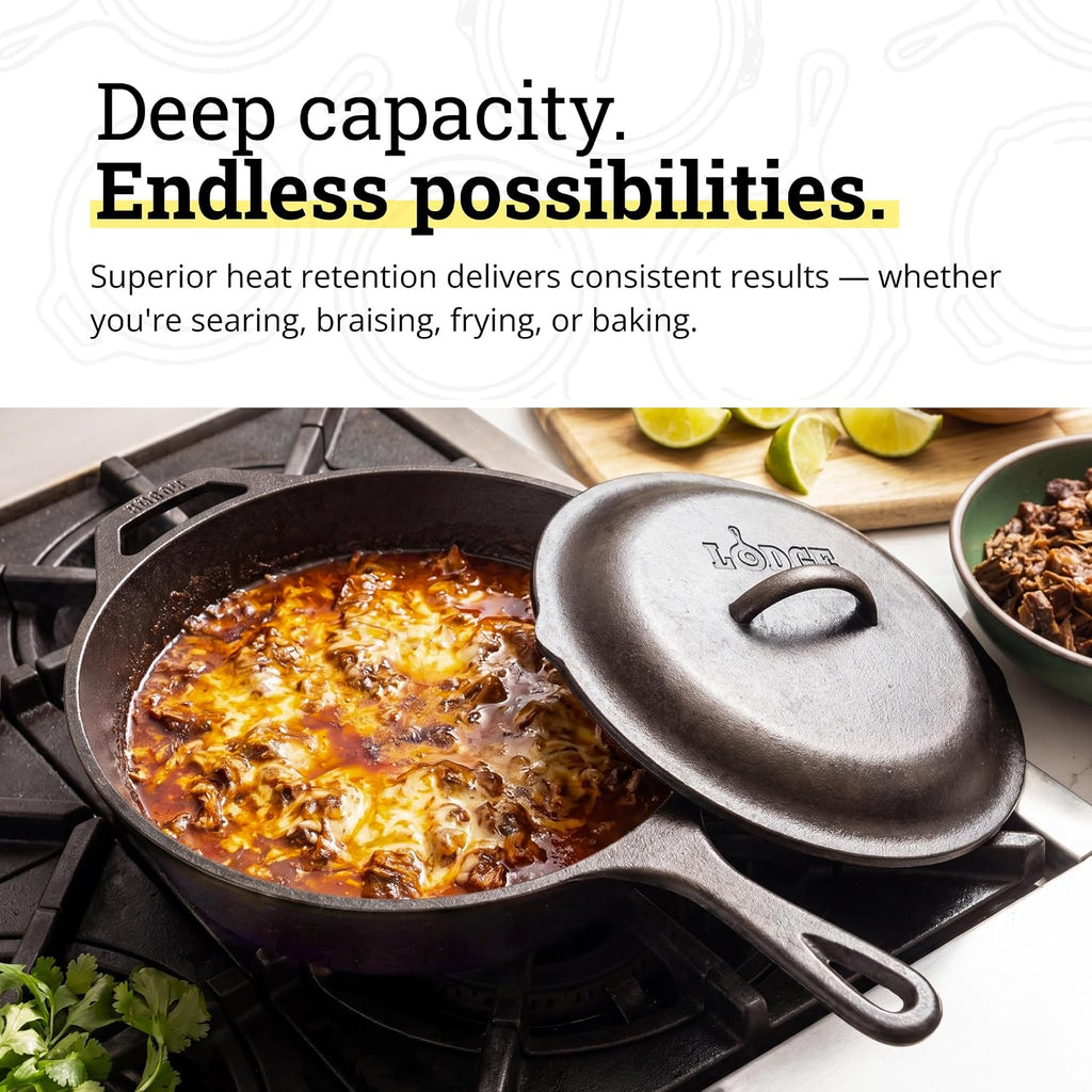 Pre-Seasoned Cast Iron Covered Deep Skillet, 5 Quart