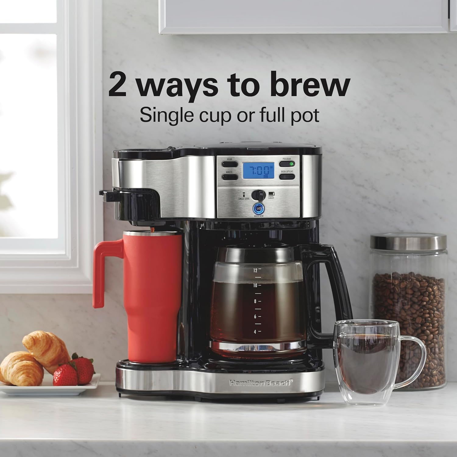 2-Way Brewer Coffee Maker, Single-Serve and 12-Cup Pot, Black/Stainless Steel(49980A), Carafe | 12 Cup Glass Carafe |