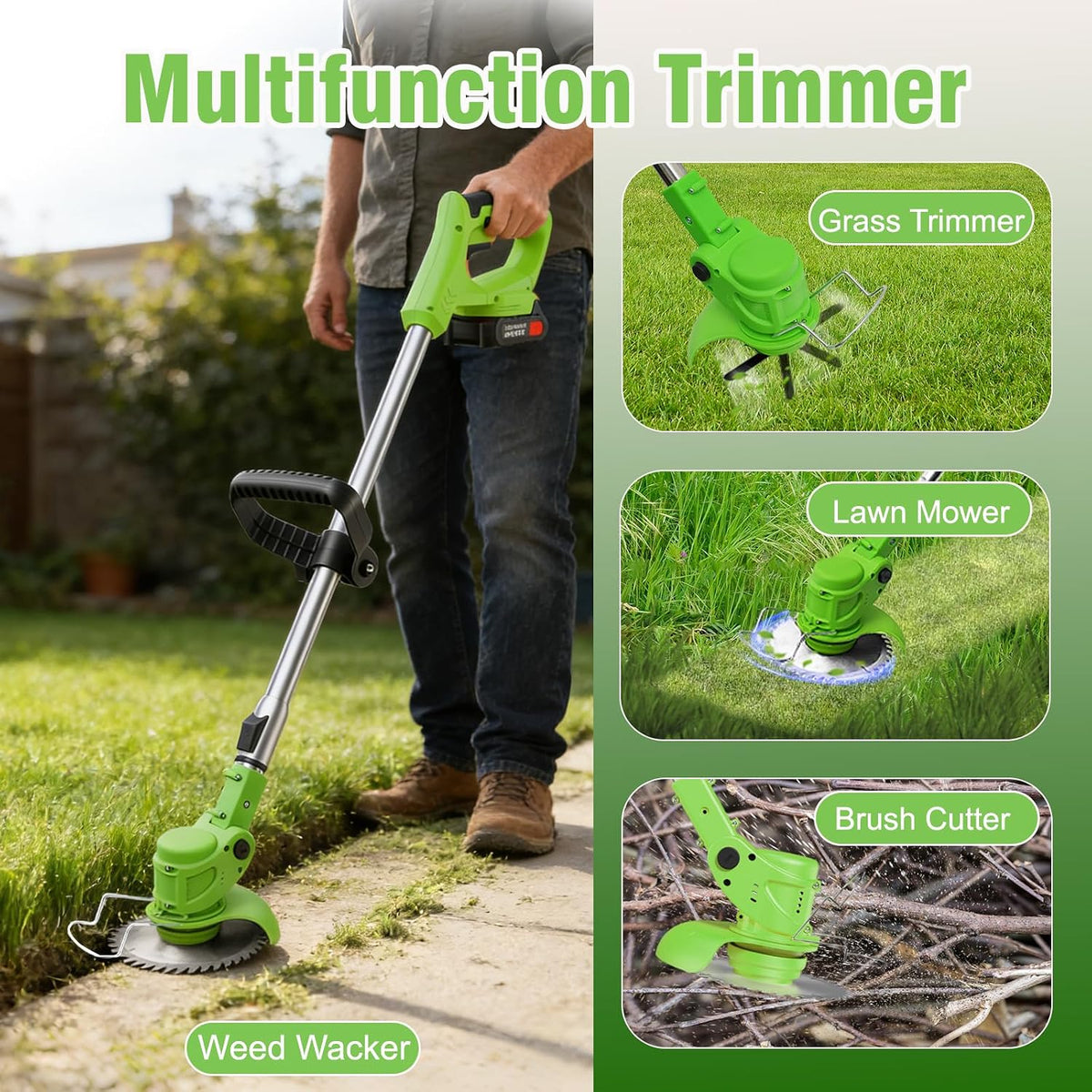 3-in-1 Cordless Weed Wacker: 21V Battery Powered Weed Eater | Electric Brush Cutter Lawn Edger with 2 x 2000mAh