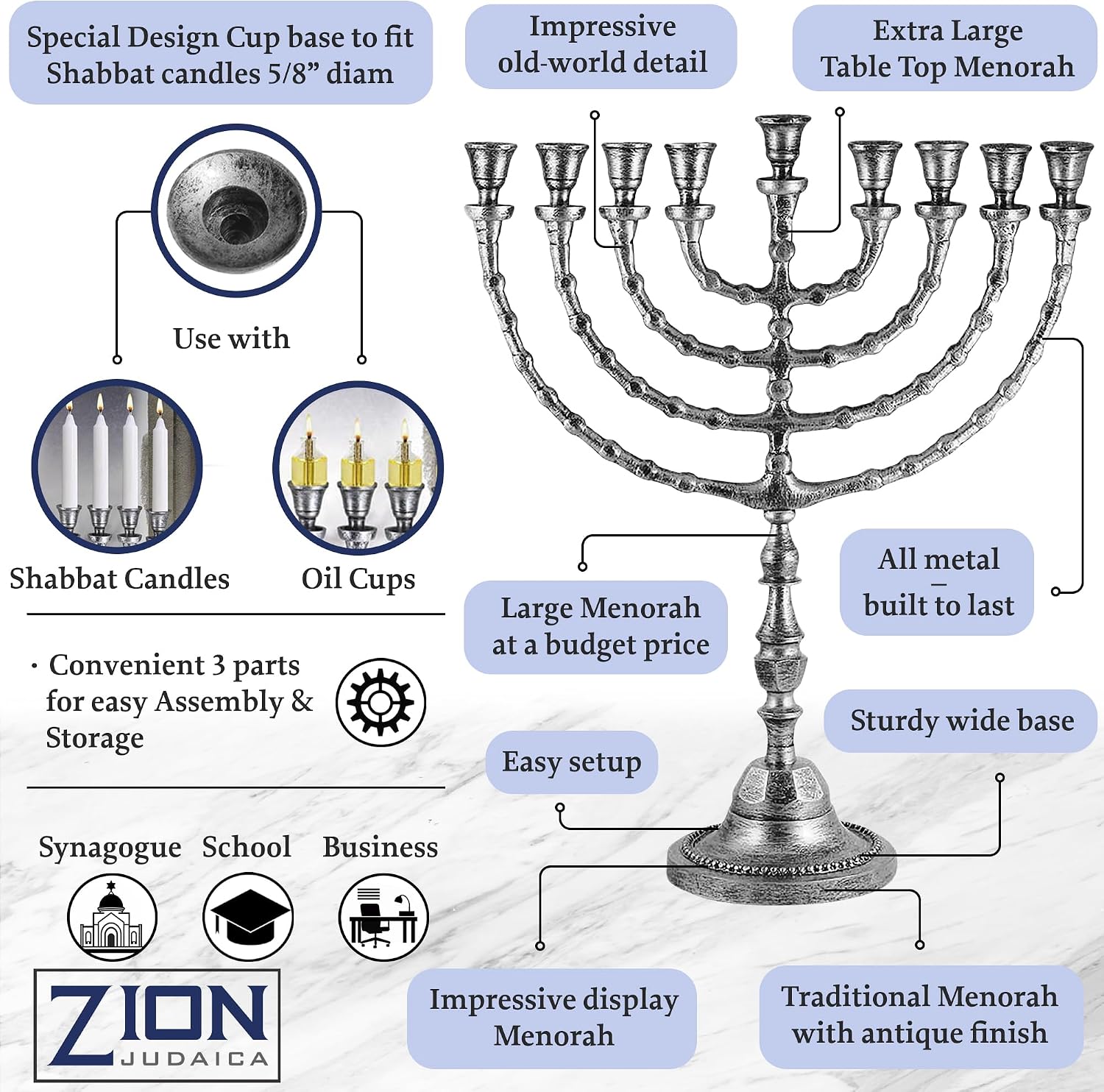 Extra Large Traditional Chanukah Menorah use with Thick Shabbat Candles or Oil Cups Antique Looking Hanukkah Minorah
