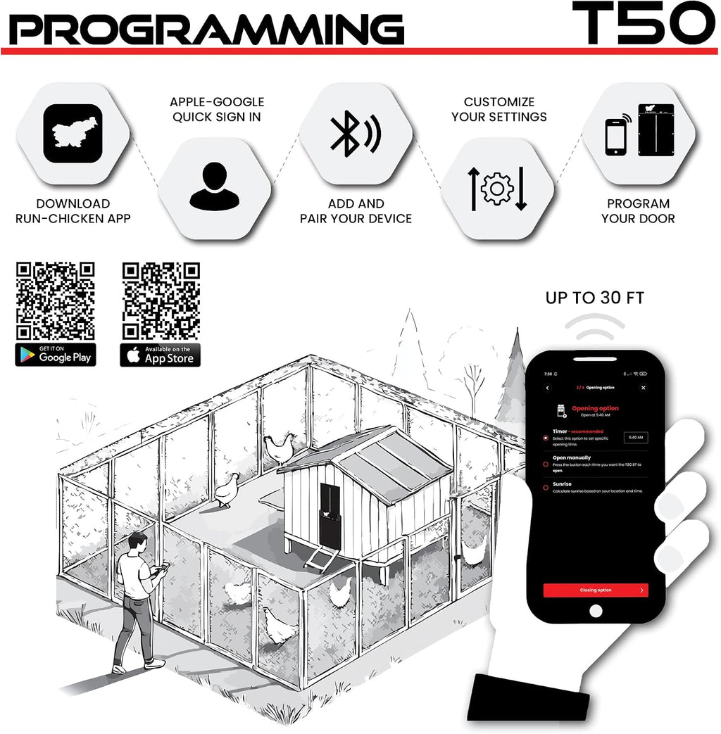 Door T50 – Automatic Chicken Coop Door Opener, Battery Powered & Weatherproof Aluminum, Smart App & Timer Control