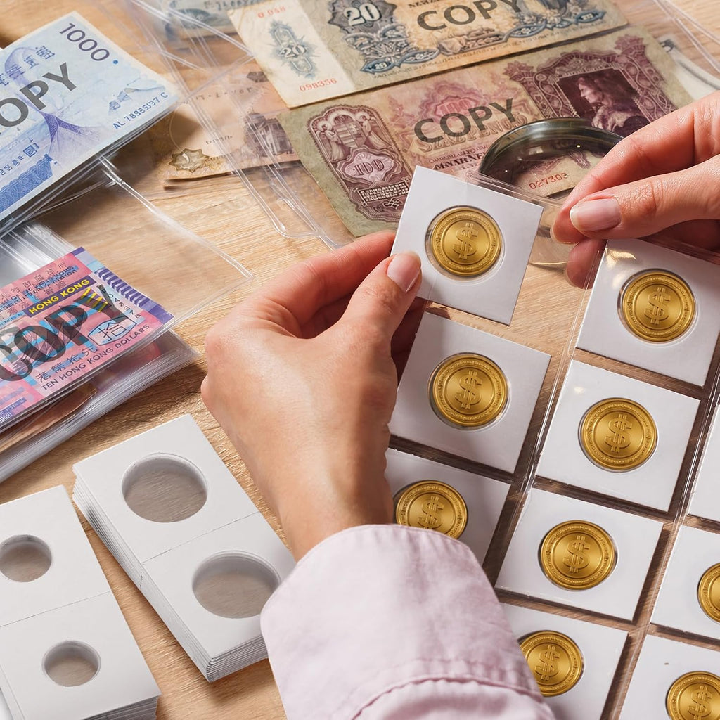 600 Self Adhesive Coin Holders, Cardboard 2" x 2" Holders, Many Assorted Sizes Coin Flips Collection Supplies