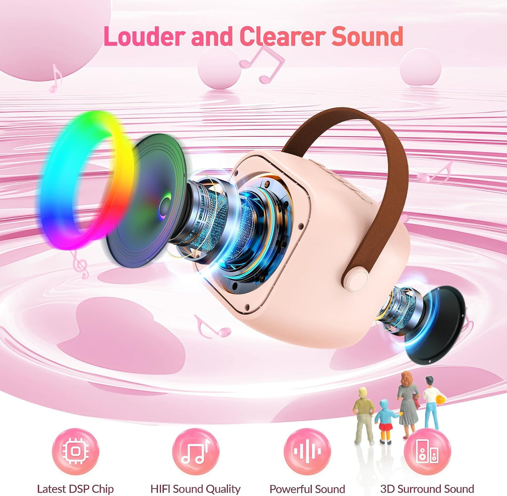 Mini Karaoke Machine,Portable Bluetooth Speaker with 2 Wireless Microphones | 360° Surround Sound,5 Voice