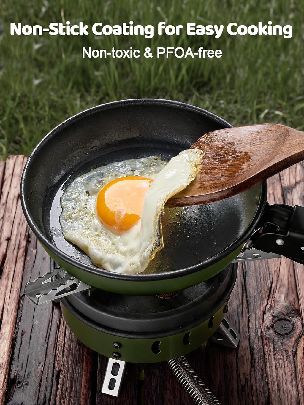 5pcs Camping Cookware Non-Stick Camping Pot and Pan Set with Kettle and Removable Handle for Hiking Backpacking and