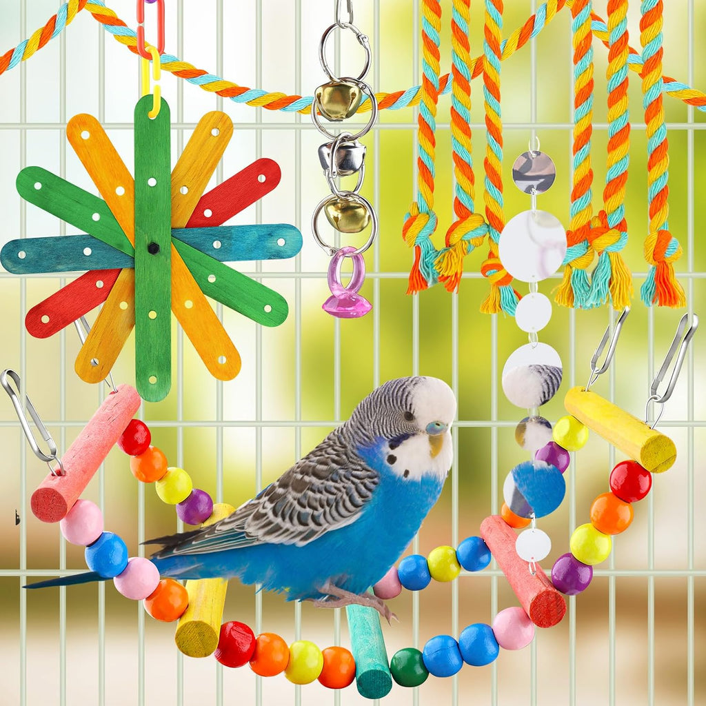 8 pcs Bird Toys for Parakeets with Colorful Ladder Hammock Bird Cage Accessories Bird Perch Stand Chewing Toys