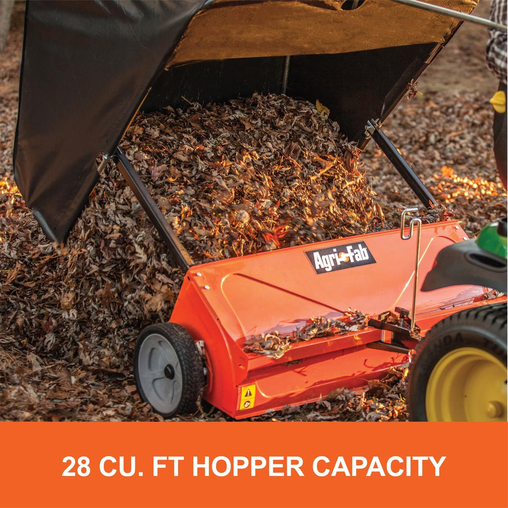 44 In Tow-Behind Lawn Sweeper with 28 Cu Ft Flow-Through Hopper Bag, Adjustable Brush Height, and Dump From Seat Handle