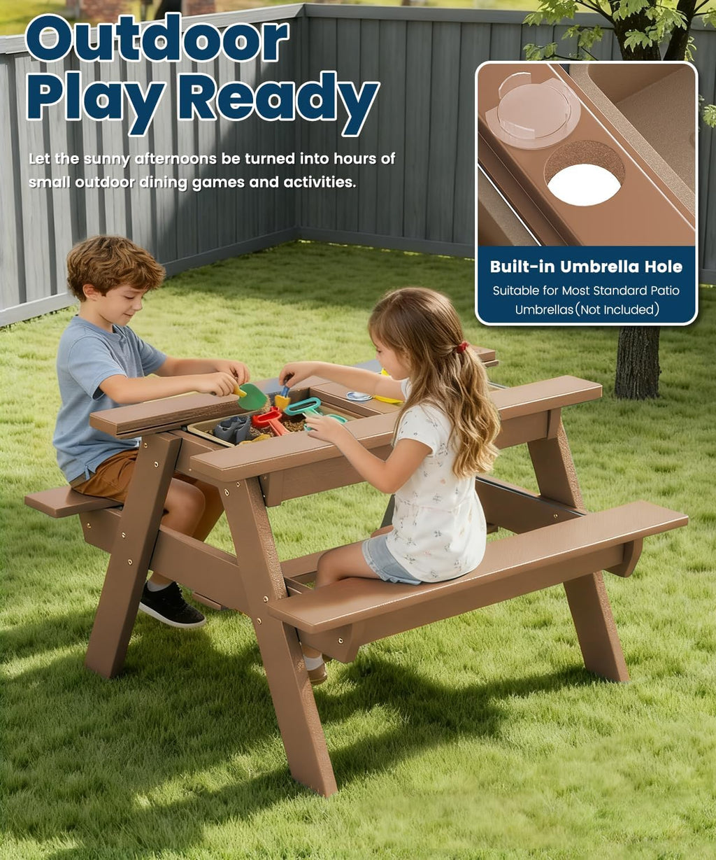 Kids 3-in-1 Sand & Water Table,HDPE Outdoor Convertible Picnic Table w/Detachable Tabletop