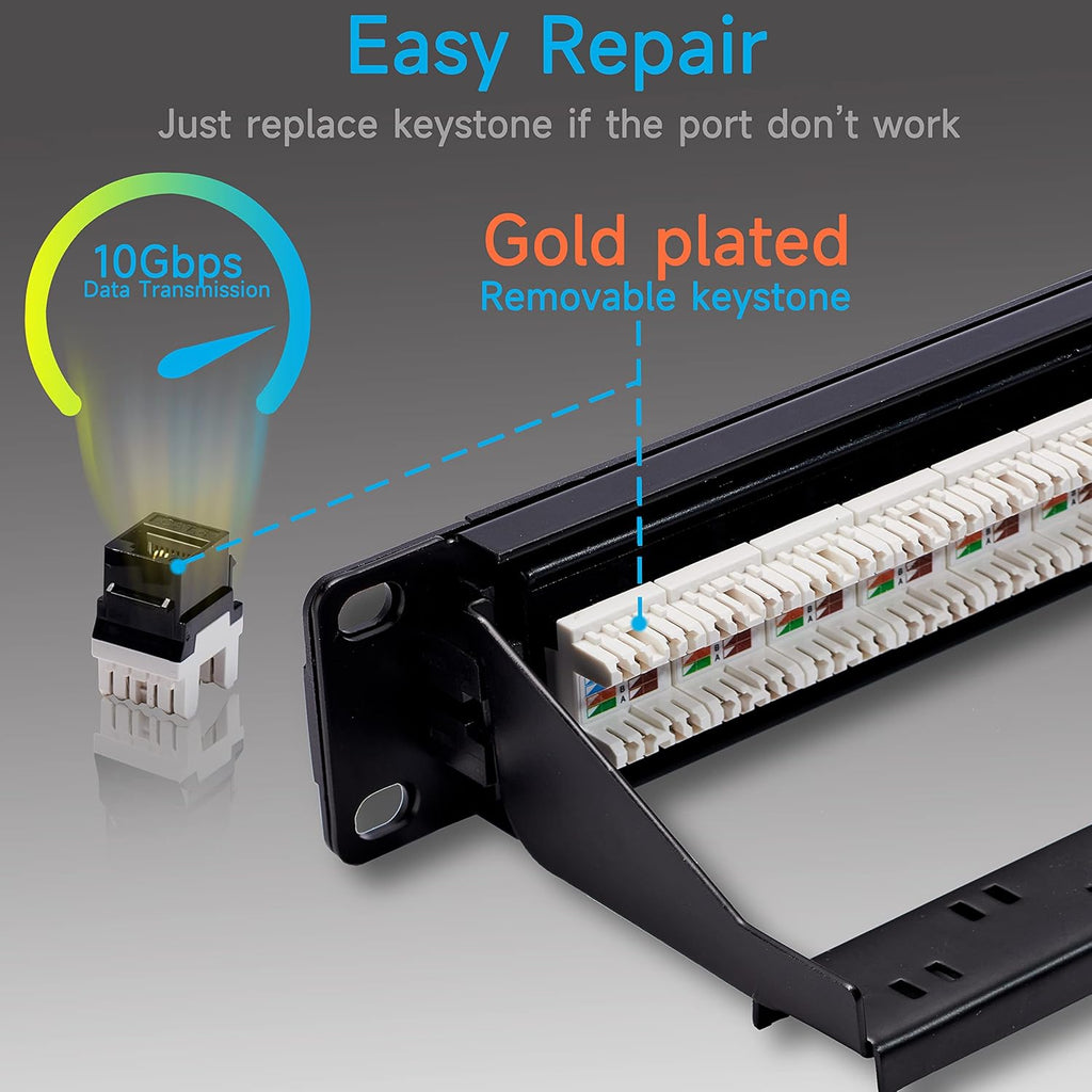Cat6 Patch Panel 24 Port with Keystone, RJ45 Network Panel 19 Inch, Punch Down Keystone Ethernet Patch Panel with Back Bar