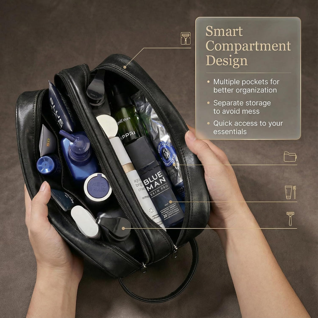 Men’s Toiletry Bag Travel Dopp Kit – double-deck PU Leather Water-Resistant Shaving Organizer Large Capacity, Double