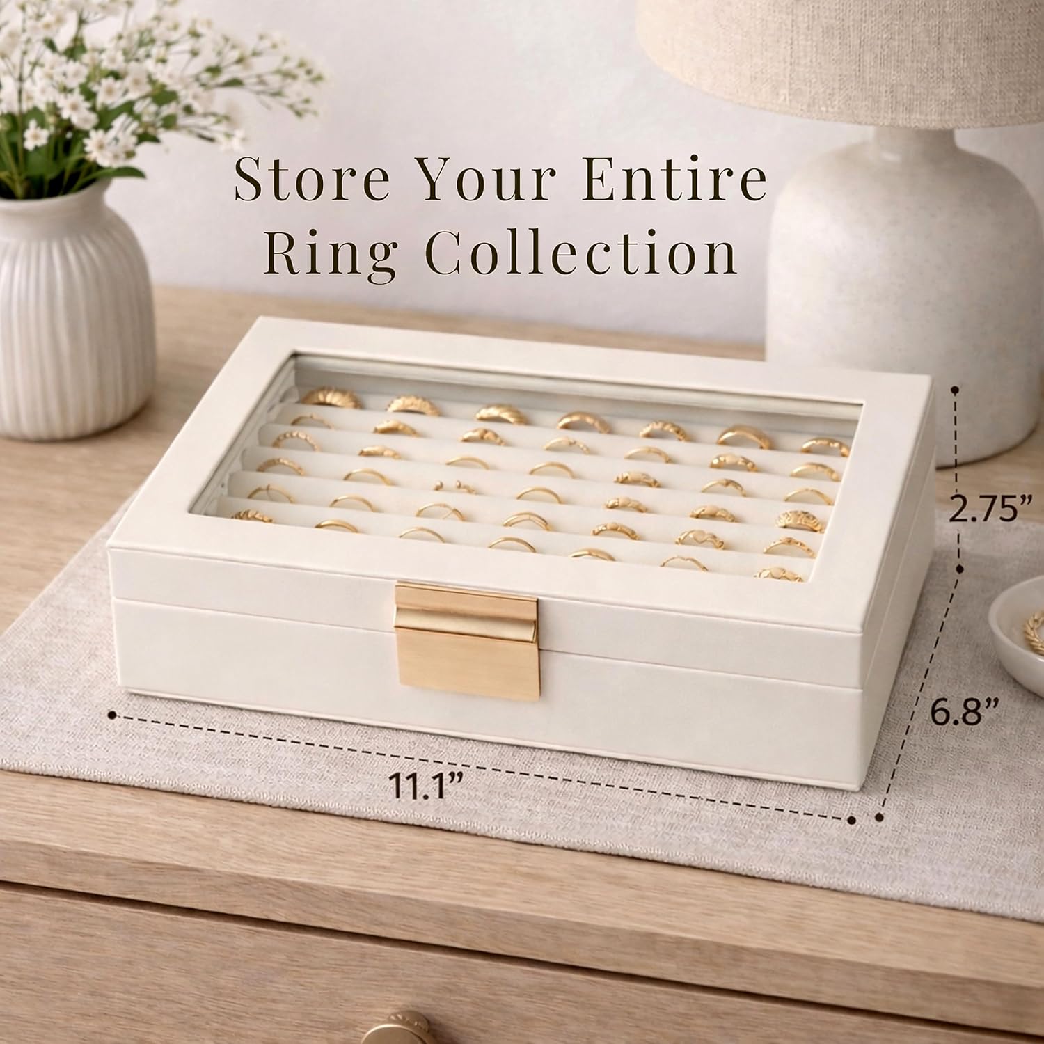Ring and Earring Jewelry Display Box – Holds Up to 80 Rings, Faux Leather Jewelry Box with Velvet Interior and Clear