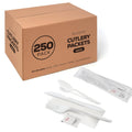250 White Plastic Cutlery Packets - Knife, Fork, Spoon & Napkin Sets with Salt & Pepper - Individually Wrapped
