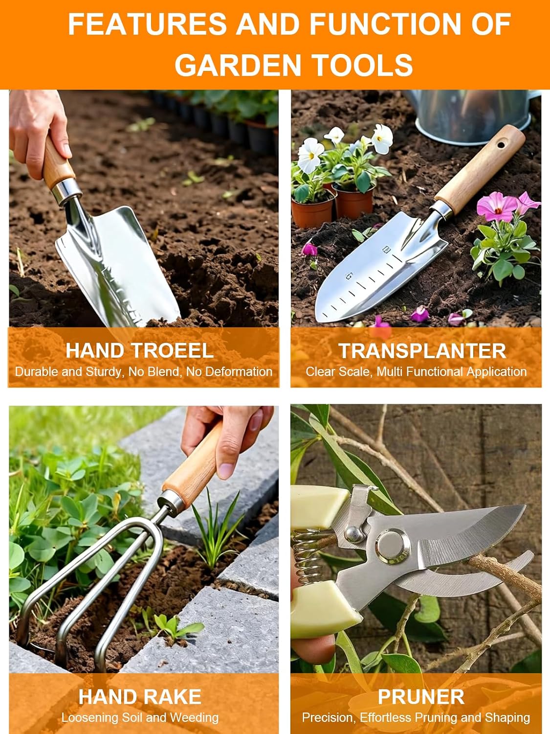 Garden Tools Set – 11-PCs Heavy Duty Gardening Kit, Stainless Steel Tools with Wooden Handles, Canvas Tote Bag