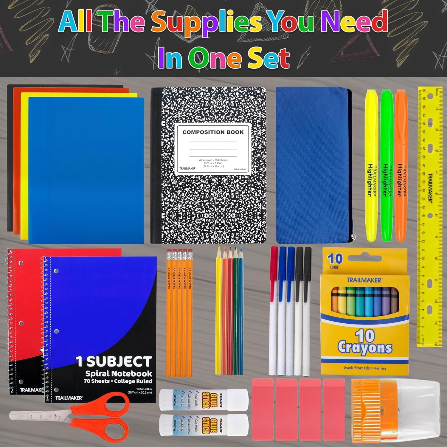 School Supplies Kit 45 Piece School Supply Kit Grades K-12 – Back to School Essentials Includes Folders Notebooks