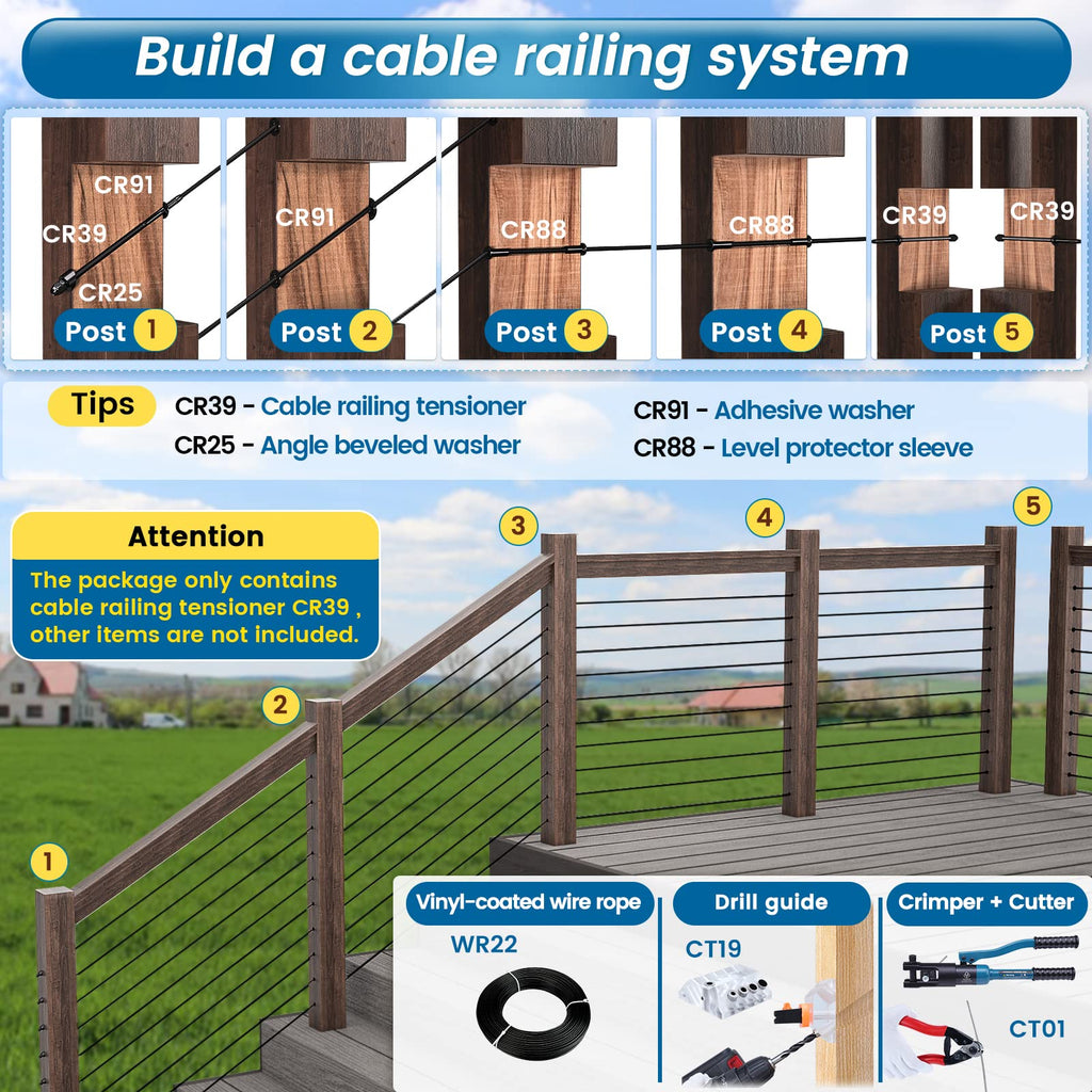 20Pack Black Cable Railing Hardware 6" Threaded Stud Tensioner CR39