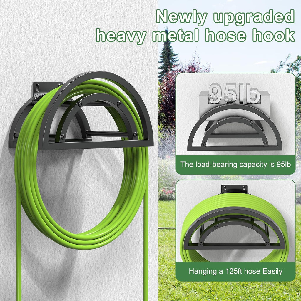 Hose Holder Wall Mount, Outdoor Water Hose Holder Holds 125-ft Hose, Heavy Duty Metal Detachable Hose Hanger Reel