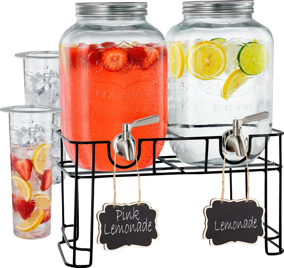Glass Drink Dispenser with Stand, Steel Spigot, 1 Gallon, 2-Pack