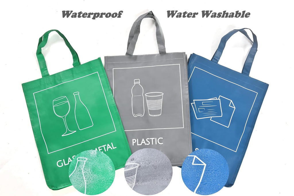 Reusable Recycle Bags, 3-Piece Separate Recycling Bin Set for Home, Kitchen, and Office - Waterproof Recyclable Waste