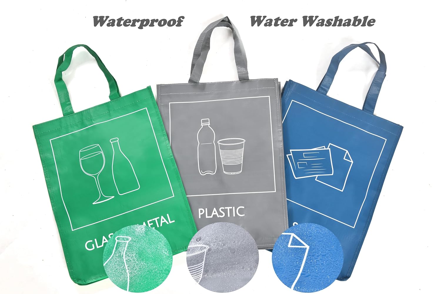 Reusable Recycle Bags, 3-Piece Separate Recycling Bin Set for Home, Kitchen, and Office - Waterproof Recyclable Waste