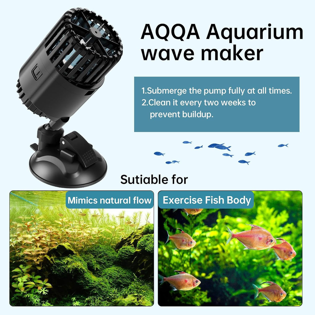 Aquarium Wave Maker 1200GPH with Powerful Suction Base Fish Tank Wavemaker Submersible Circulation Pump Powerhead