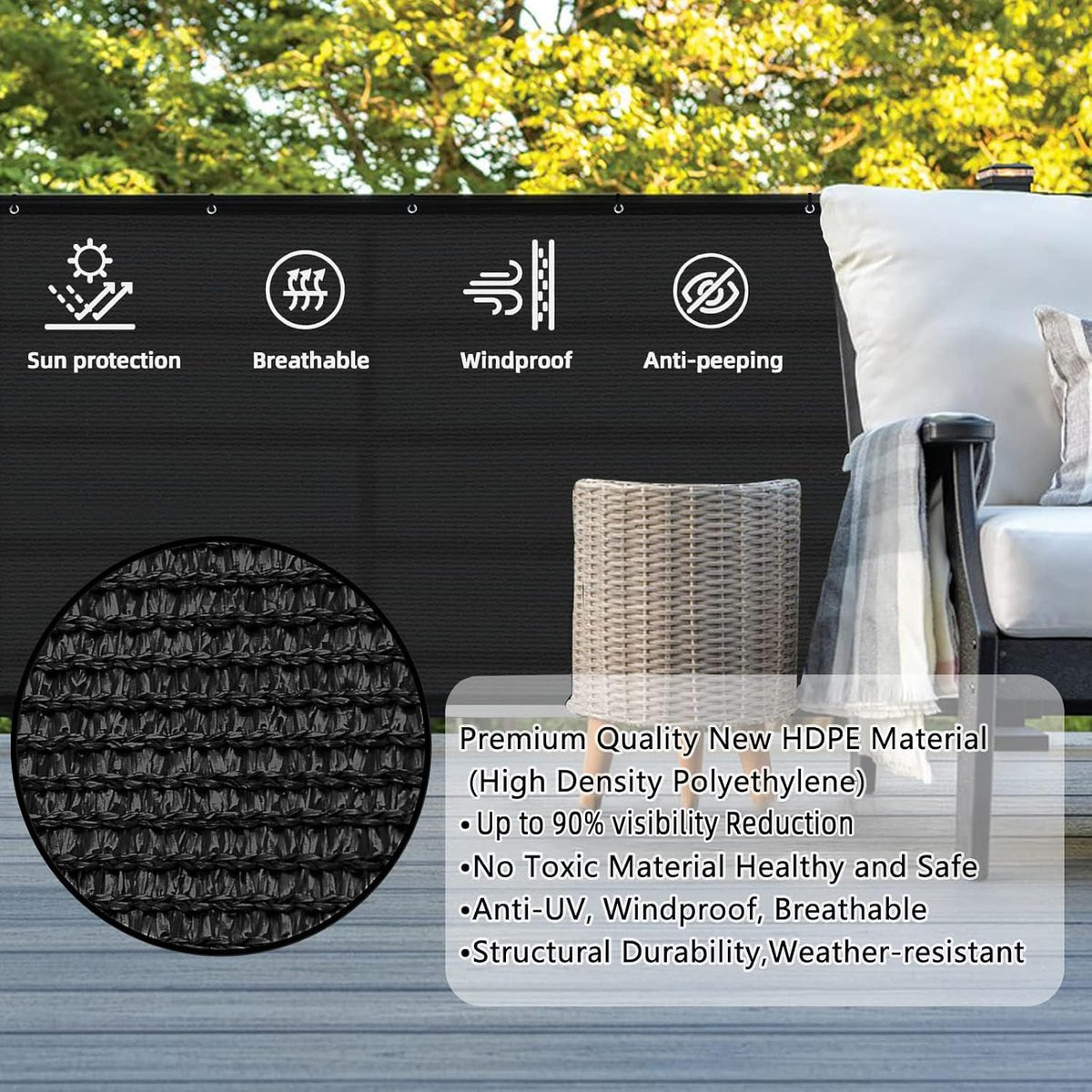 3'x10' Black Balcony Privacy Screen Fence Windscreen 90% UV Block