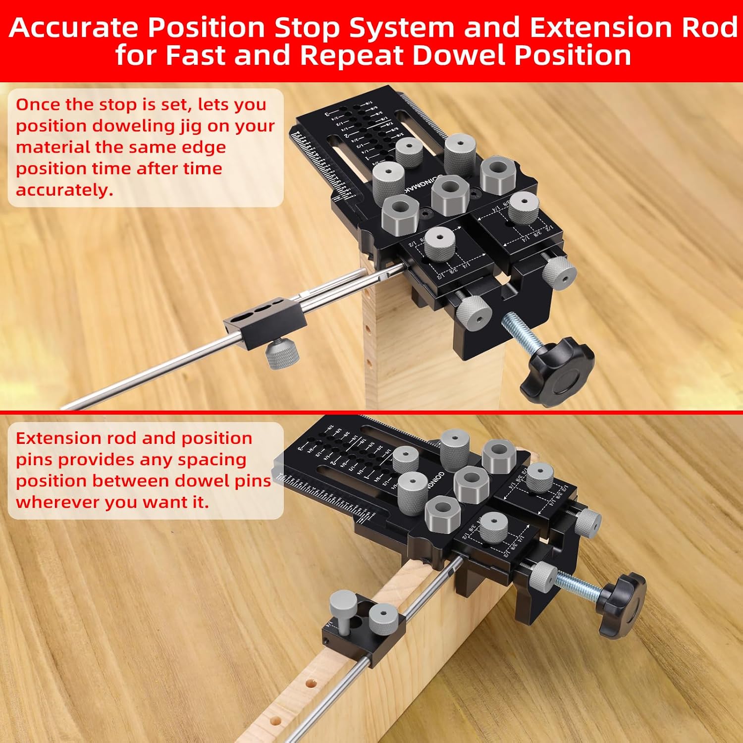 Dowel Jig Kit with Quick Positive Stop and Clamp, Adjustable Doweling Jig for Drill 1/4, 3/8 and 1/2 Inch Accurate