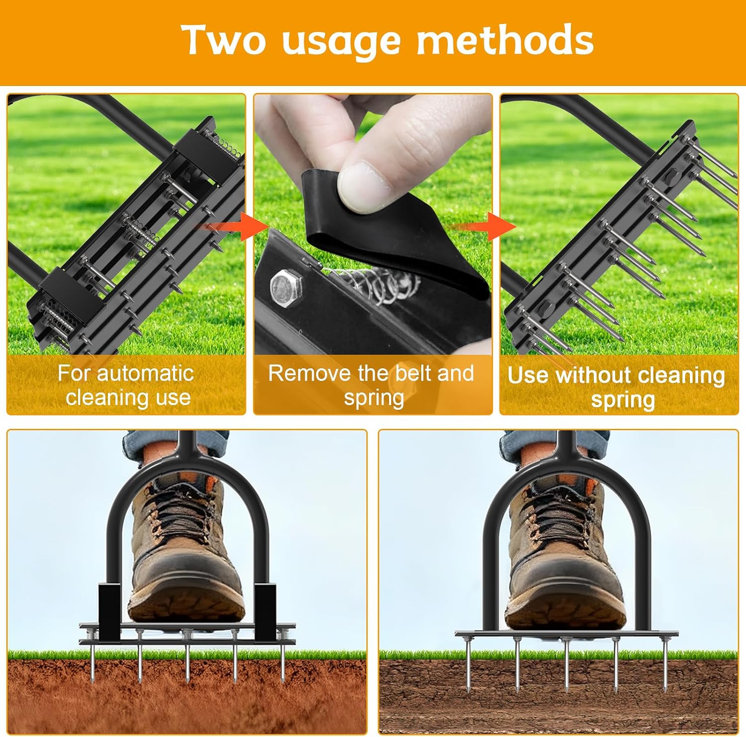 Aerator Lawn Tool - 2-in-1 Reinforced Heavy Duty Manual Lawn Aerator with 15 Spikes, Automatic Dirt and Leaf Clean