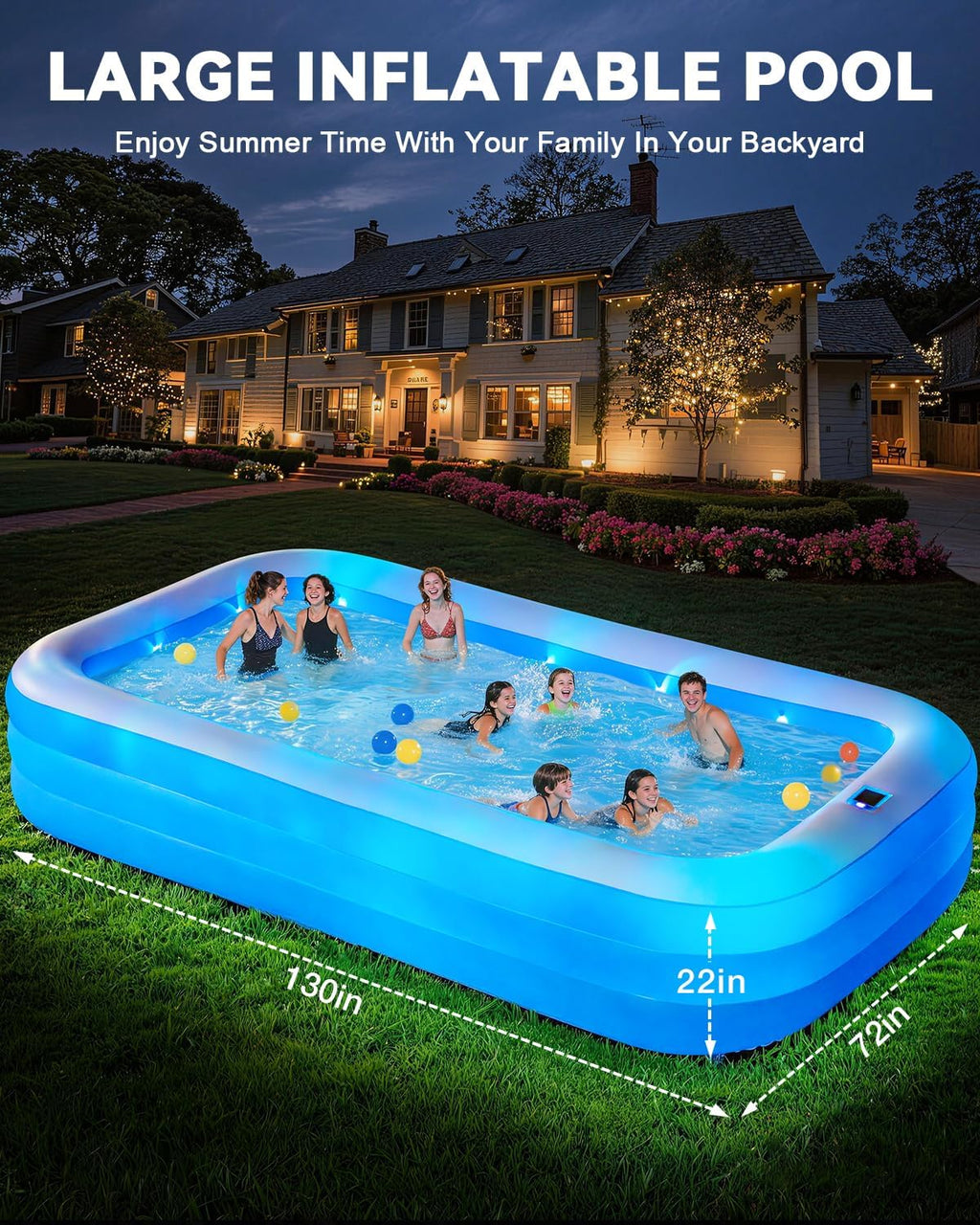 Large Inflatable Pool for Adults,130" x 72" x 22" Thickened Blow Up Pool with Lights & Pump, 7 Color Changed Durable