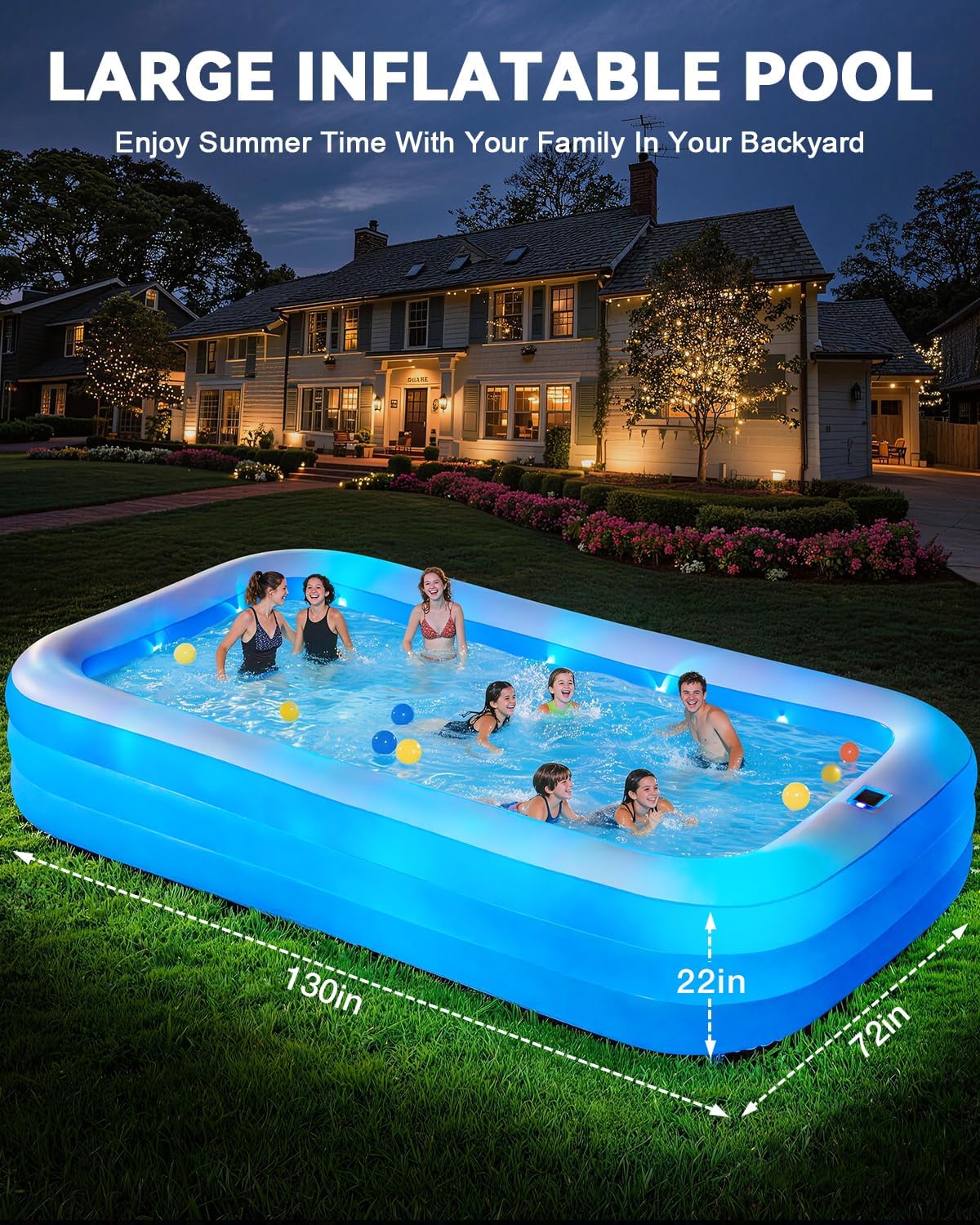 Large Inflatable Pool for Adults,130" x 72" x 22" Thickened Blow Up Pool with Lights & Pump, 7 Color Changed Durable