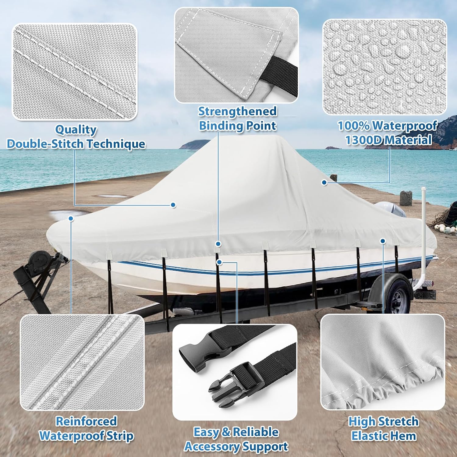 16'-18.5' Center Console Boat Cover, 1300D PU Waterproof Trailerable | Marine Grade Oxford Fabric, UV & Tear