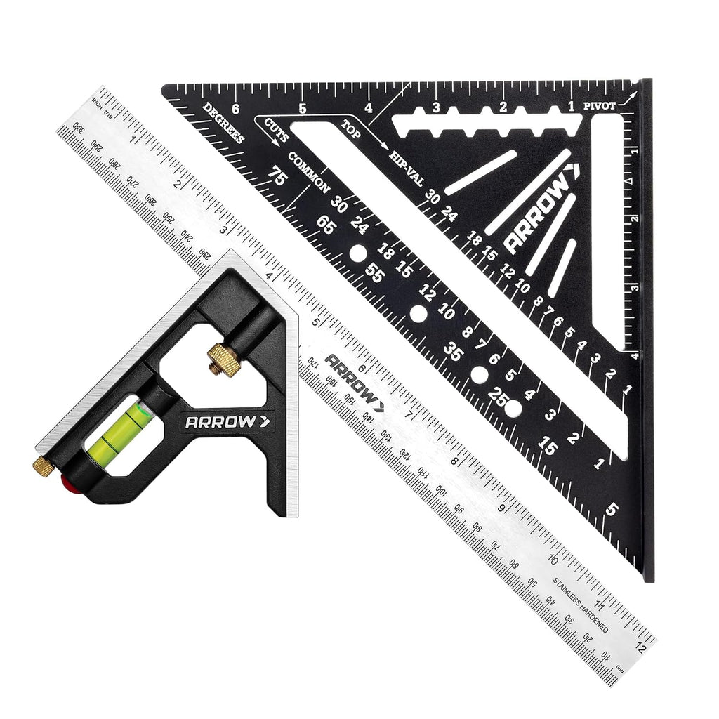 Arrow 7" Alloy Carpenter Square and 12" Combination Square Set | Aluminum Alloy, Zinc Alloy, Woodworking Rafter