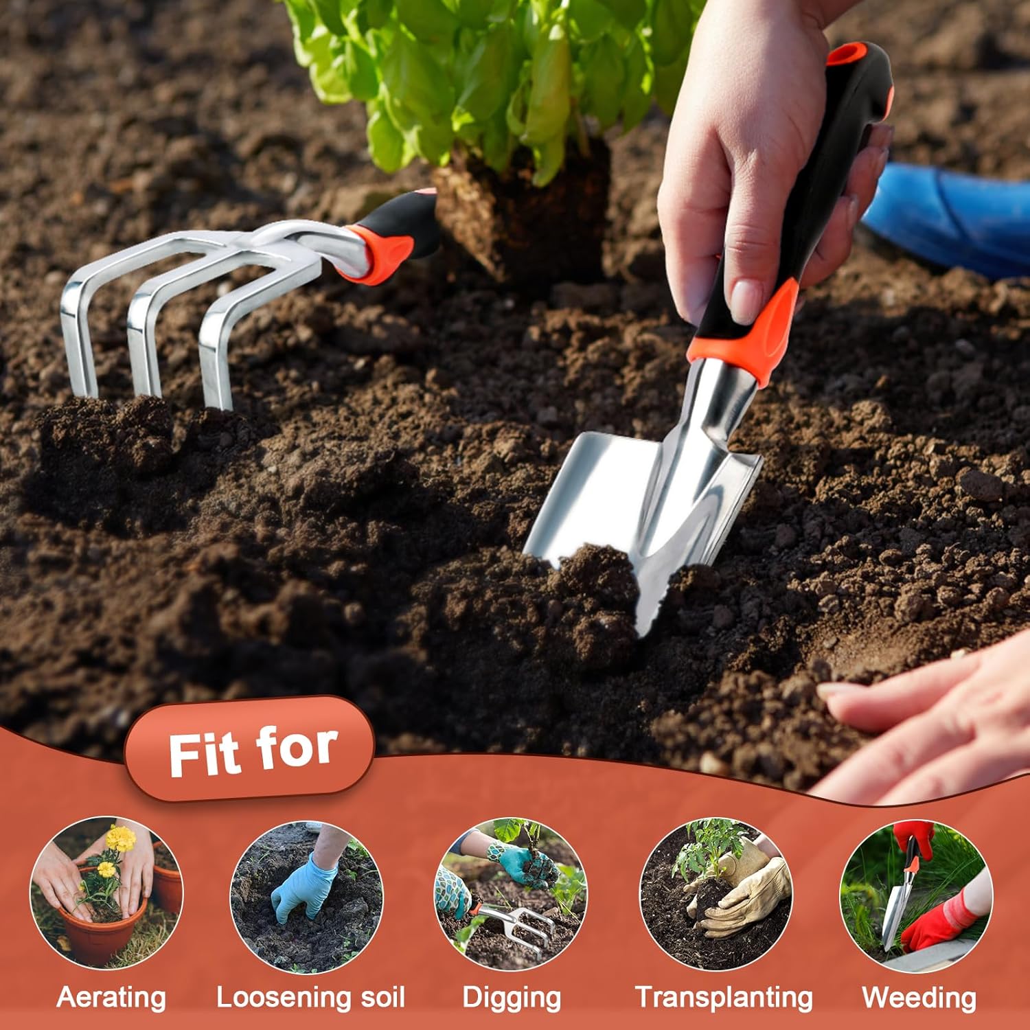 Garden Tool Set, 2 Pack Heavy Duty Gardening Tools Set Include Garden Shovel and Hand Rake Claw Tool with Ergonomic