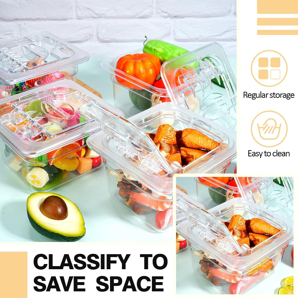 6 Packs 12 Packs Plastic Food Pan with Lid 1/6 Size 4" Deep, Clear