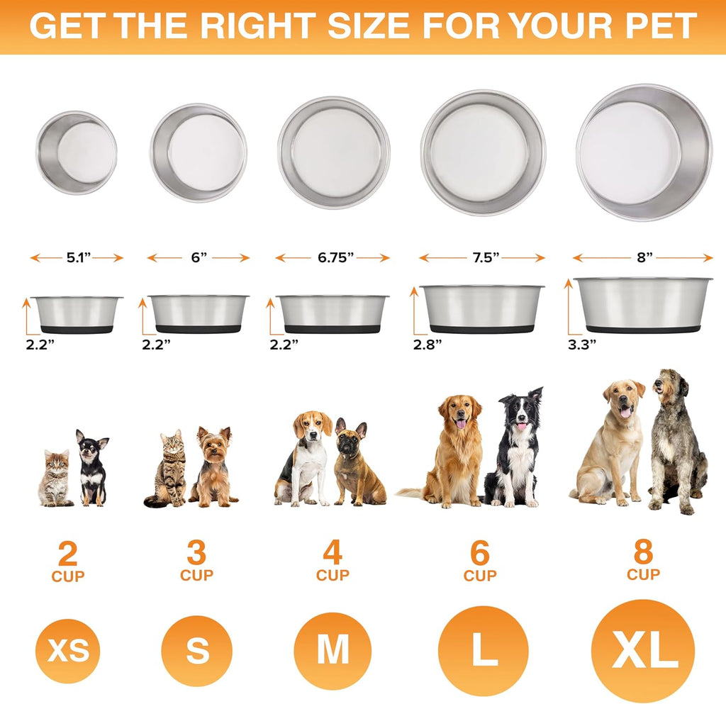 Stainless Steel Dog Bowls with Non-Slip Rubber Bottom – Set of 2, 6 Cup (48 oz), Black - Heavy Duty Metal Dog Bowl