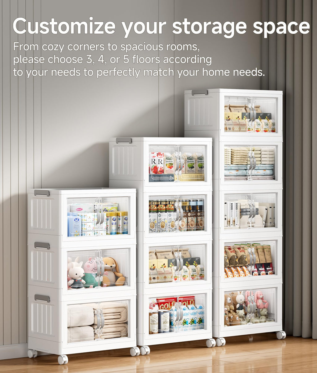 175 QT Stackable Storage Bins with Lids, 5 Tier Collapsible Plastic Storage Cabinet with Magnetic Doors, Removable