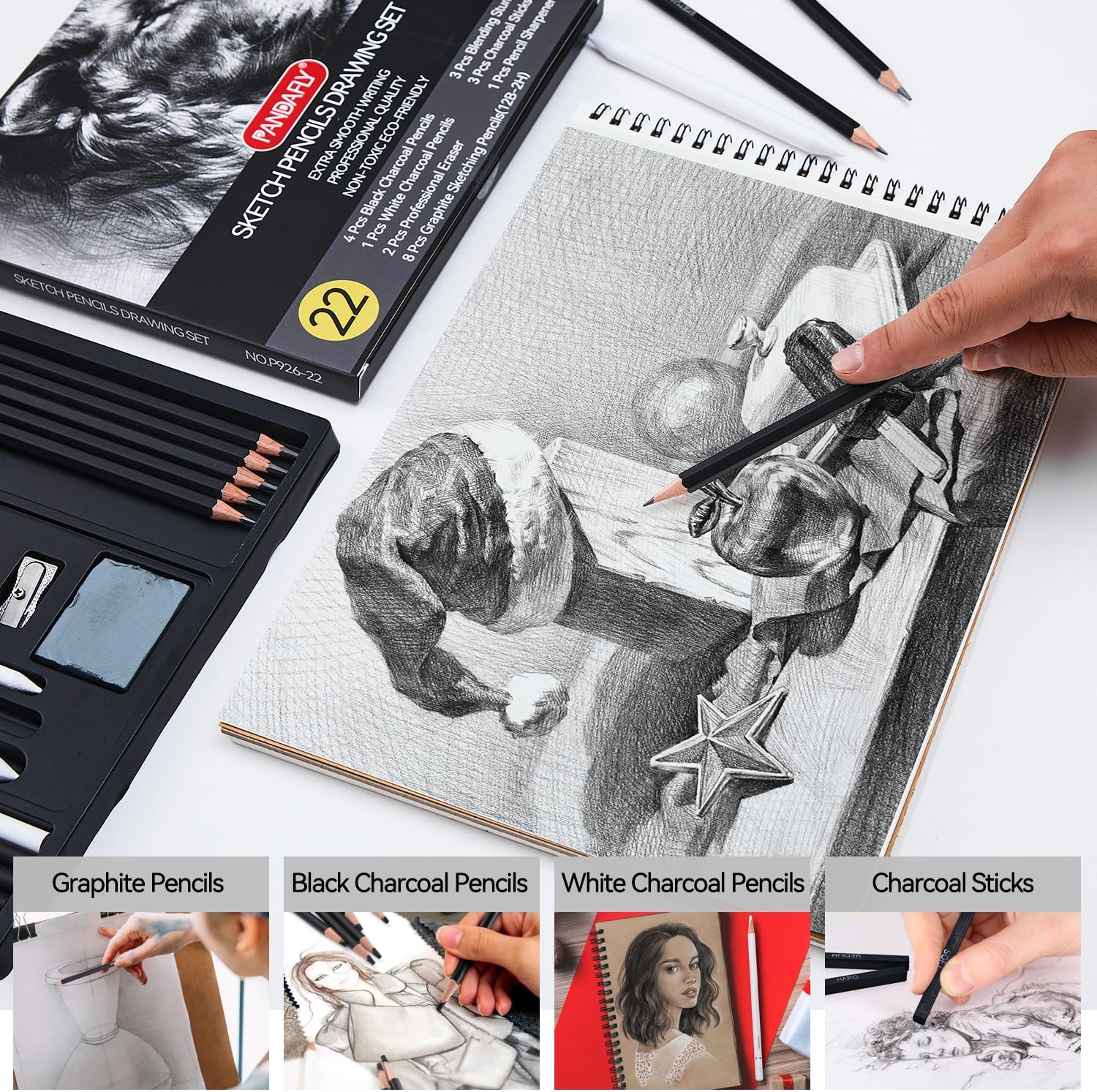 Drawing Sketching Pencil Set, 22 Piece Pro Art Pencil Kit - Graphite Pencils (12B-2H), Black and White Charcoal