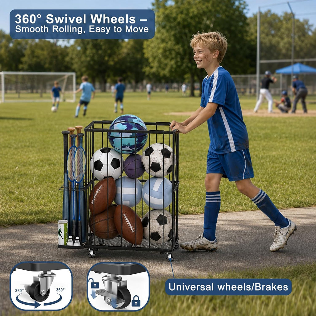 Garage Ball Storage Rack with Wheels and Elastic Rope, Sports Ball Holder for Basketball, Soccer, Volleyball