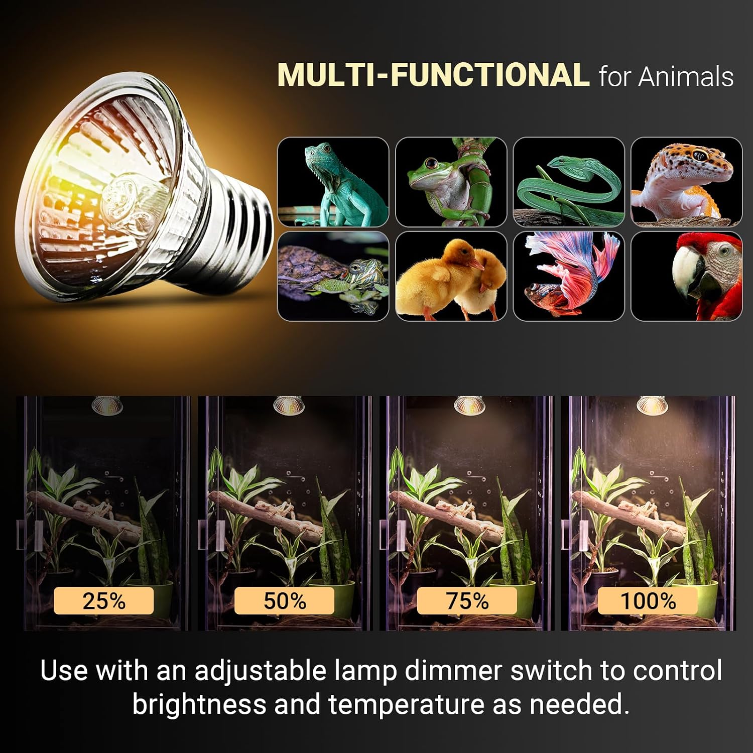 4-Pack 50W UVA+UVB Bulbs | Heat and Light for Reptiles and Amphibian Tanks, Terrariums and Cages | Works with Various