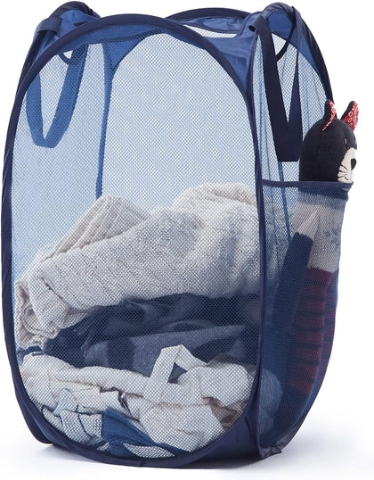 Collapsible Mesh Laundry Basket with Side Pocket & Sturdy Handles | 60L, breathable and quick-drying, pops up