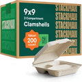 100% Compostable 3-Compartment Clamshell Containers - 9x9 [200-Pack] To Go