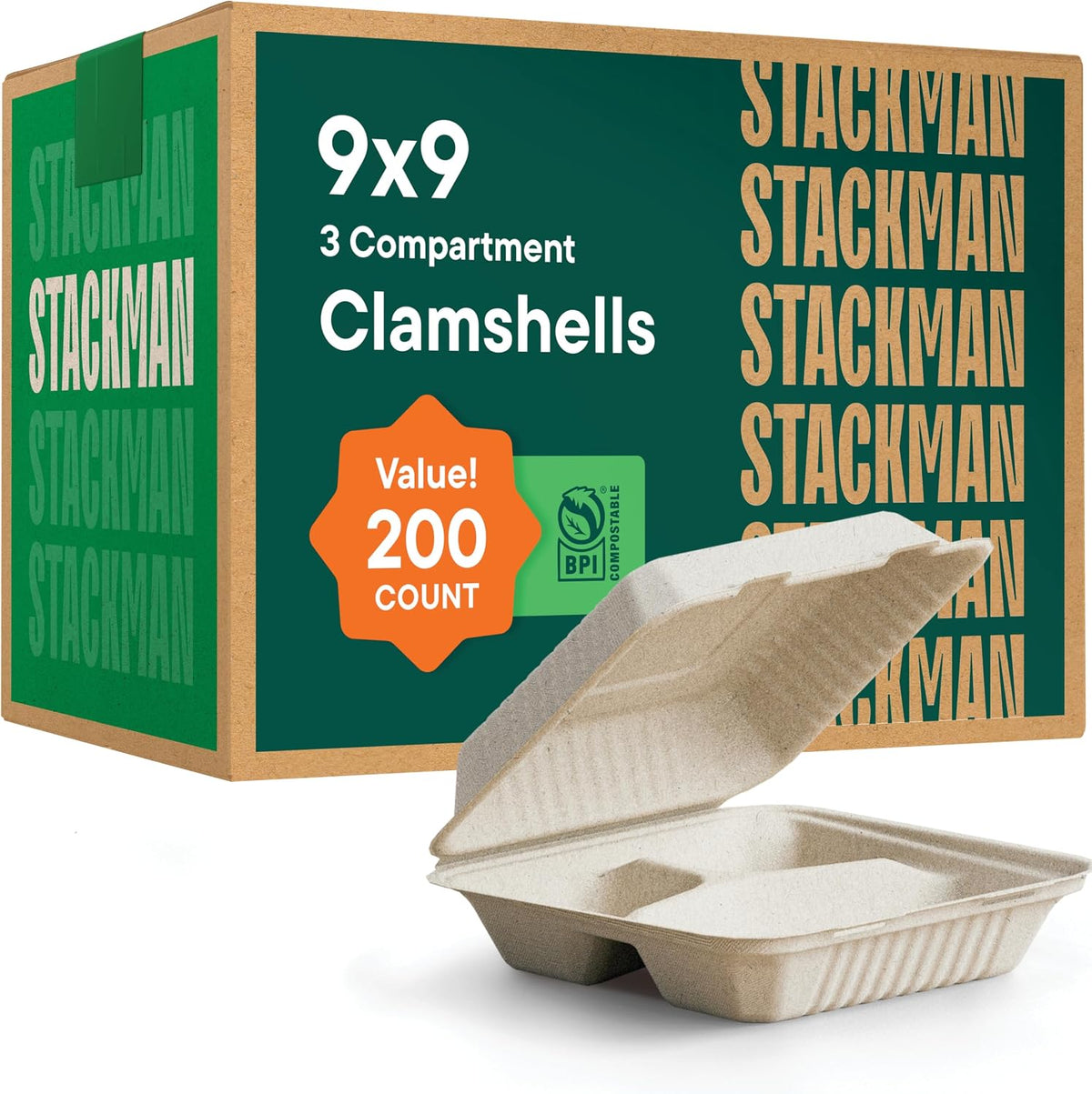 100% Compostable 3-Compartment Clamshell Containers - 9x9 [200-Pack] To Go