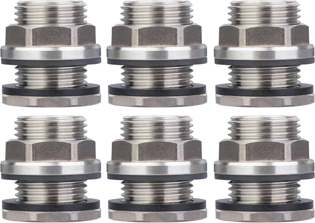 SSBF020 Stainless Steel 304 Bulkhead Tank Fitting (Double Female 1/2” NPT and Male 3/4" NH Garden Hose Threaded, w/Step gasket) (6)