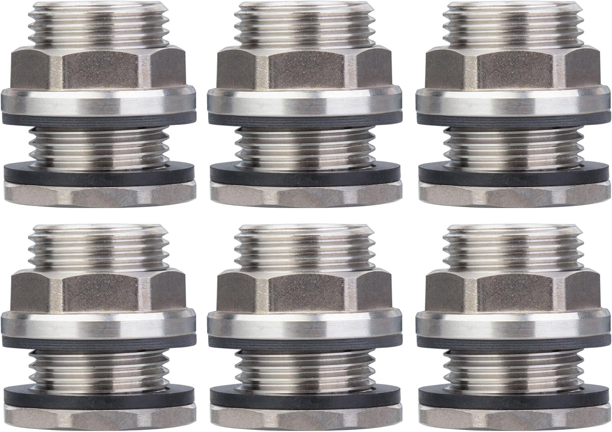 SSBF020 Stainless Steel 304 Bulkhead Tank Fitting (Double Female 1/2” NPT and Male 3/4" NH Garden Hose Threaded, w/Step gasket) (6)