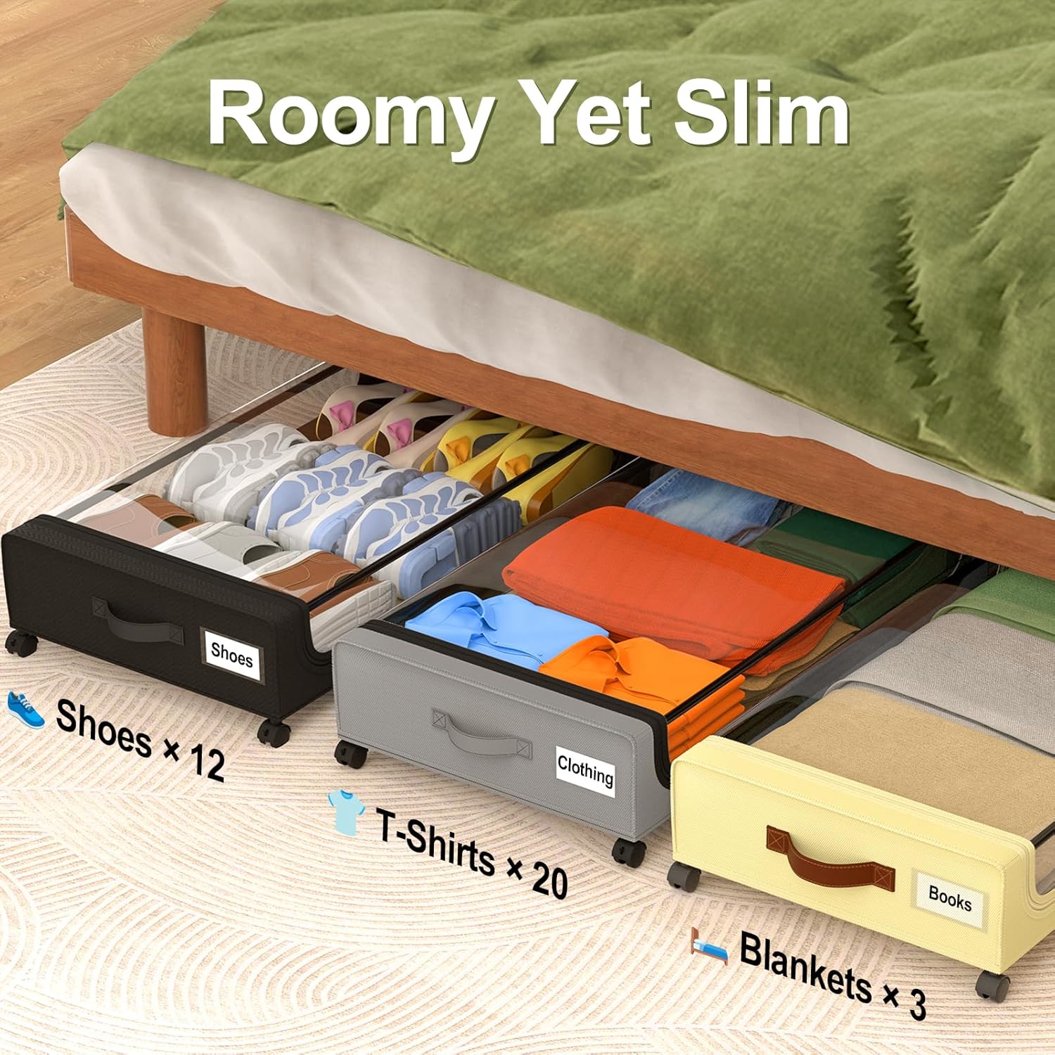 Under Bed Storage with Wheels: 48L Underbed Storage Containers with Clear Lids - Rolling Drawers & Bins for Shoes