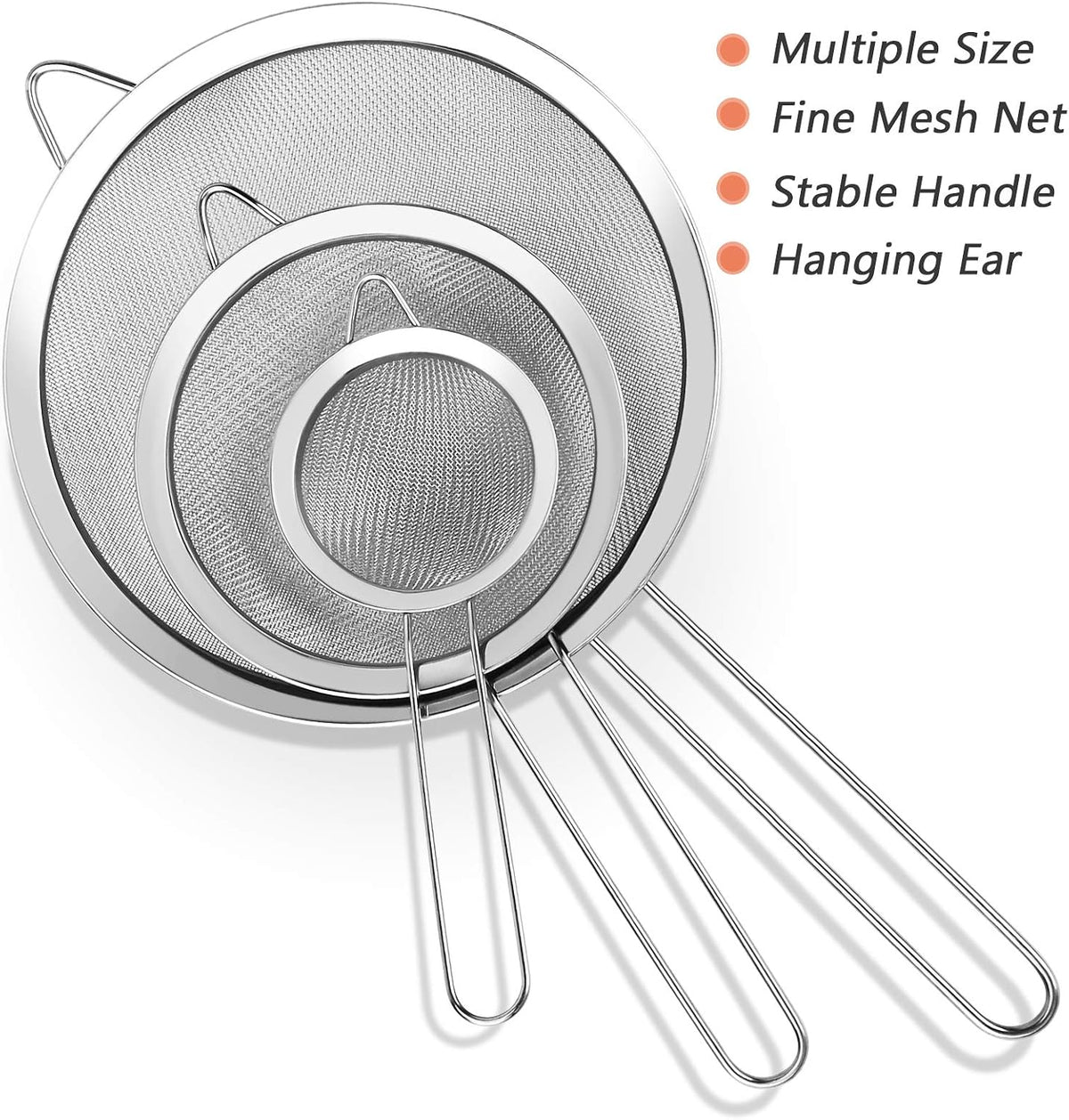 Fine Mesh Strainer, 3-Piece Stainless Steel Colander Sifter Set with Handle