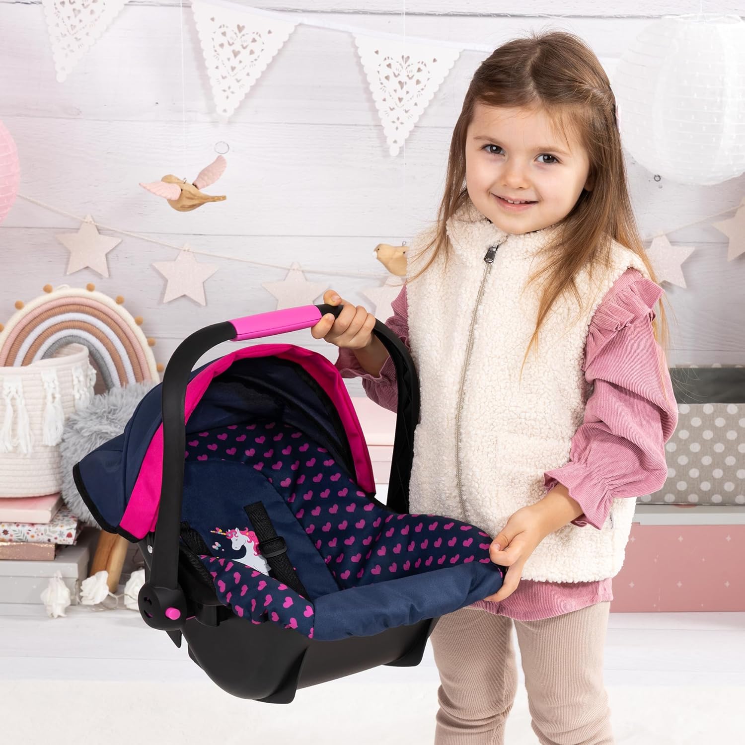 Baby Doll Car Seat with Canopy – Doll Carseat for 18 Inch Dolls with Seat Belt & Handle