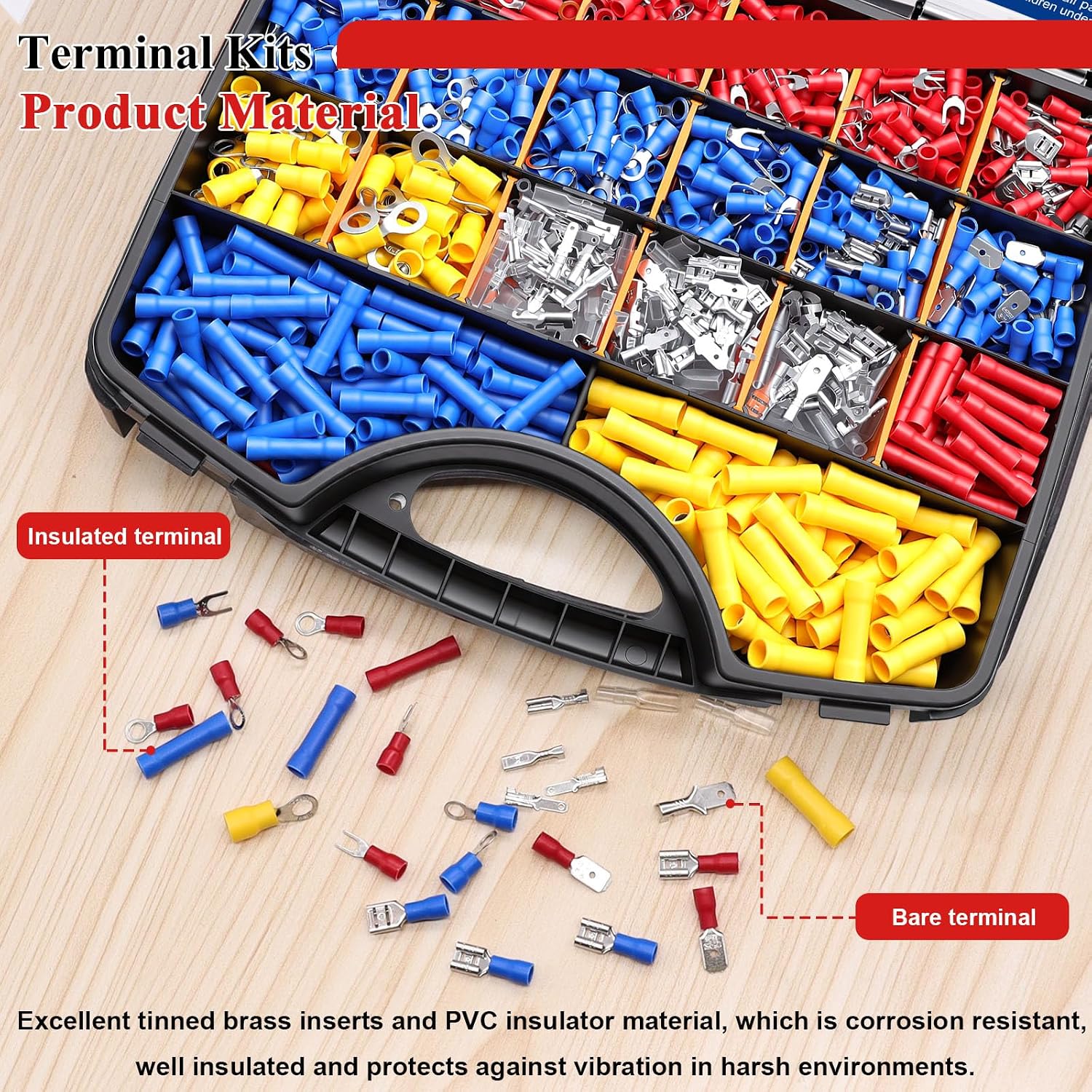 1100PCS Wire Connector Kit with Crimping Tool, Copper Insulated Electrical Wire Terminals - Ring, Butt, Spade, Fork